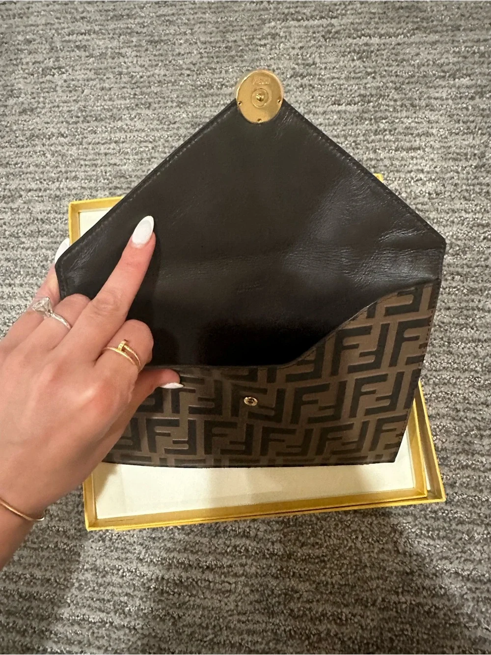 Fendi Brown and Black FF Logo Envelope Clutch with Gold Hardware